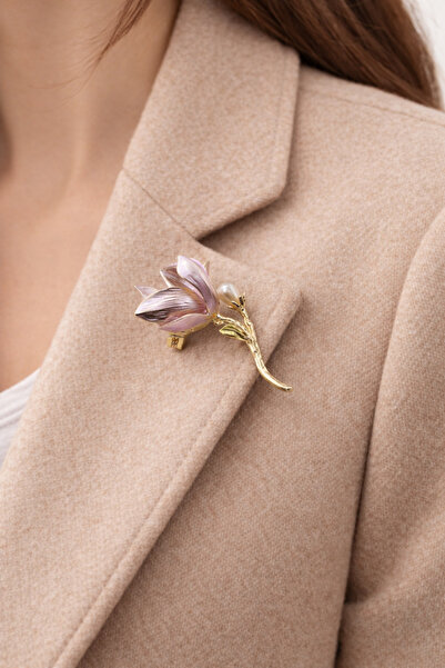 EFEAKS Zarif Pembe Manolya Çiçeği Broş - Mineli ve İnci Detaylı