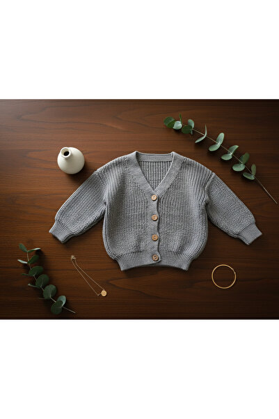 Nimini Kids Winter Unisex Knitwear Oversize Children's Cardigan with Wooden B...