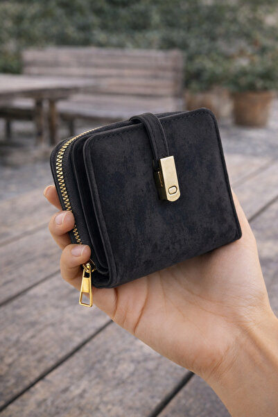 MODEL CÜZDAN Kadın Süet Cüzdan Fermuarlı Çıtçıtlı Çok Bölmeli Kartlık Siyah