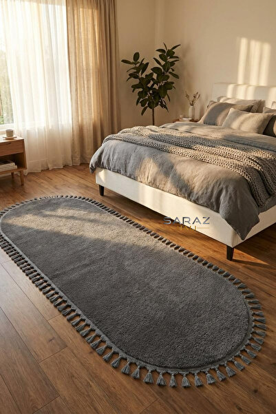 SARAZ HALI Puffy Antrasit Oval Örgü Saçaklı Peluş Yumuşacık Yıkanabilir Kayma...