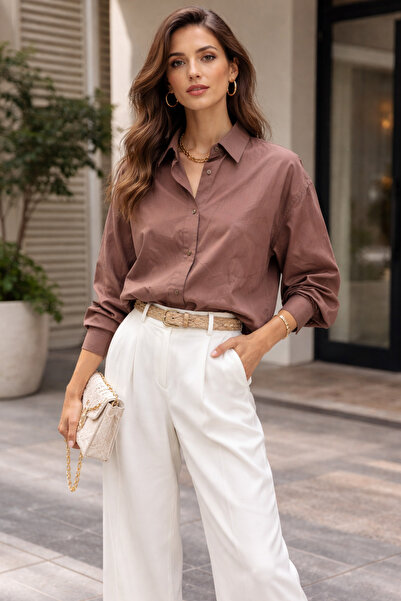 Polo State Kadın Oversize Uzun Kollu %100 Pamuklu Kahverengi Gömlek