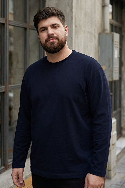TOMMY LIFE Lacivert O Yaka Rahat Form Battal Büyük Beden Uzun Kollu Erkek T-S...
