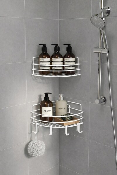 Sas Haus White Corner Shower Shelf 2-in-1 Shampoo Holder 21 cm – Adhesive/Scr...
