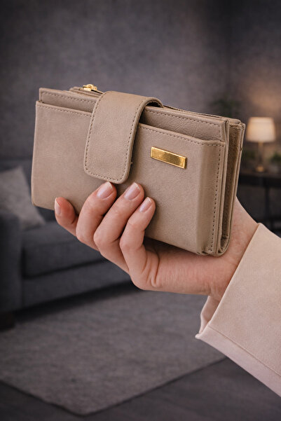 MODEL CÜZDAN Kadın Cüzdan Büyük Boy Deri Çıtçıtlı Fermuarlı Kartlık Bej