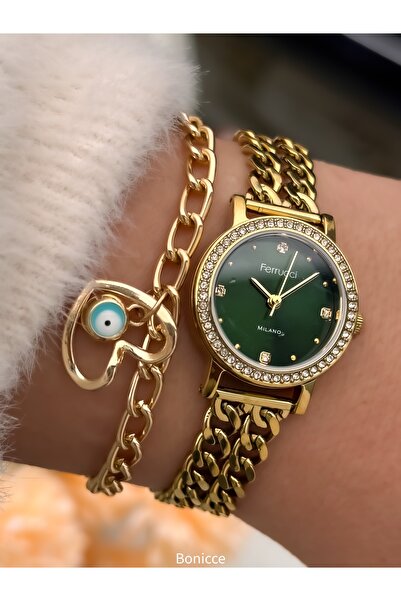 Ferrucci Yeşil Sarı Renk Çelik Hasır Kordon Su Geçirmez Garantili Kol Saati+b...