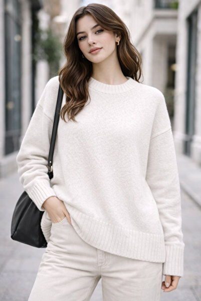 kikiriktekstil 10995 Women's Oversize Plain Soft Textured White Knit Sweater