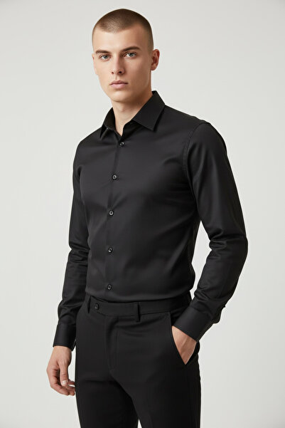 AtlasGiyim Cămașă neagră, cu mânecă lungă, croială slim fit