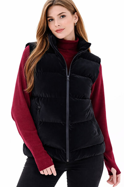 freemen Vestă neagră pentru femei, Nova Fabric, cu guler înalt, căptușită, re...