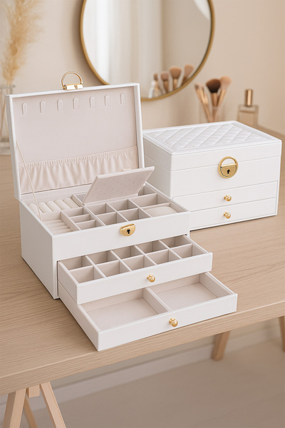 Ecrou Modern 2 Drawer Jewelry Jewellery Box Organizer White 13 X 23 X 10 cm