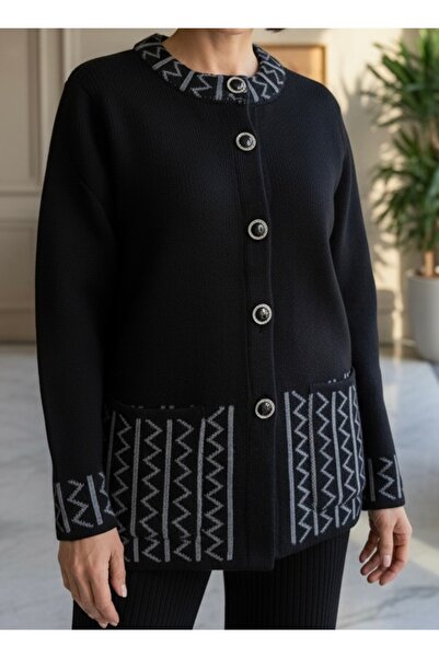 tiriTEK TRİKO Knitwear Plus Size Crew Neck Cardigan / Black Smoked