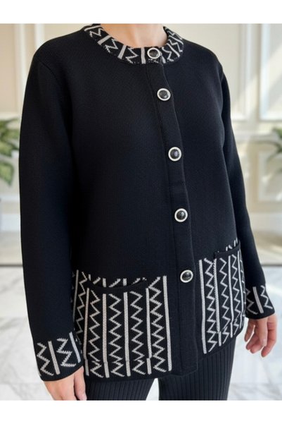 tiriTEK TRİKO Knitwear Plus Size Crew Neck Cardigan / Black Mink