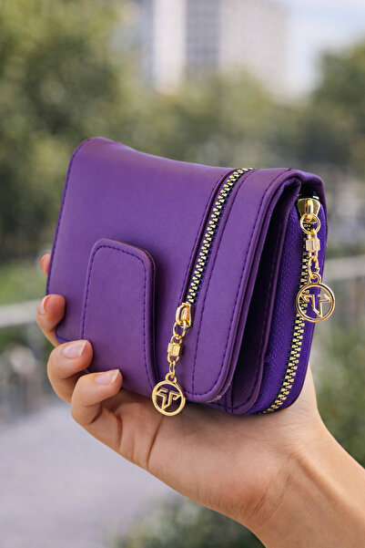 MODEL CÜZDAN Kadın Cüzdan Mor Çok Bölmeli Çıtçıtlı Fermuarlı Kartlık Deri