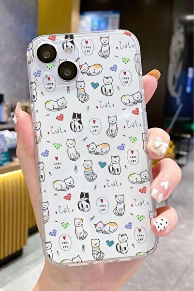 3GEN CASE İphone 13-iphone 14 Uyumlu Sevimli Kediler Desenli Şeffaf Silikon K...