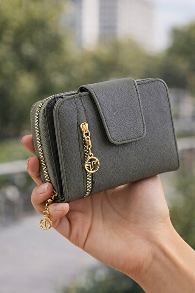 MODEL CÜZDAN Kadın Cüzdan Haki Çok Bölmeli Çıtçıtlı Fermuarlı Kartlık Deri