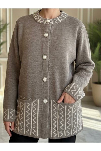 tiriTEK TRİKO Knitwear Plus Size Crew Neck Cardigan / Mink Cream