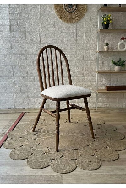 silla Concept Motifli Ada Sandalye Teddy Krem Kumaş Ceviz Ahşap Sandalye