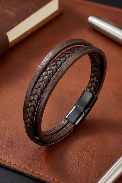 OSMANLI GÜMÜŞ سوار جلدي للرجال باللون البني مع حزام جلدي ثلاثي وقفل مغناطيسي