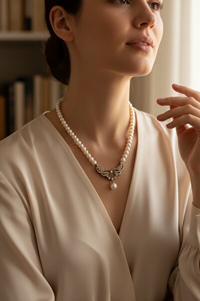 FAYRA ACCESSORIES Kristal Taşlı Melek Kanadı Figürlü Tek Sıra İnci Kolye