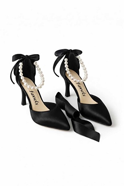 Famels Pantofi cu toc mic, cu detaliu de perle, pantofi de seară din satin ne...