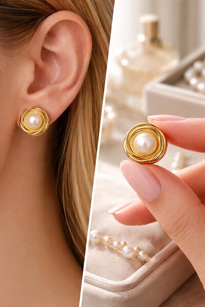 mosmoda Gold Krem İnci Küpe