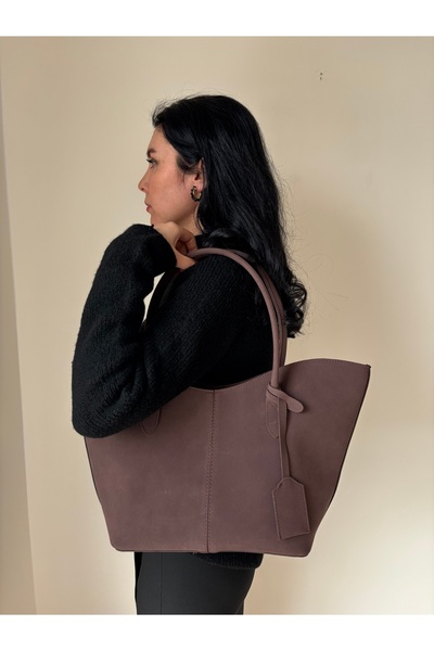 lalettobags Γυναικεία τσάντα ώμου με διπλή λαβή, μοντέλο Begonya, σε καφέ χρώμα