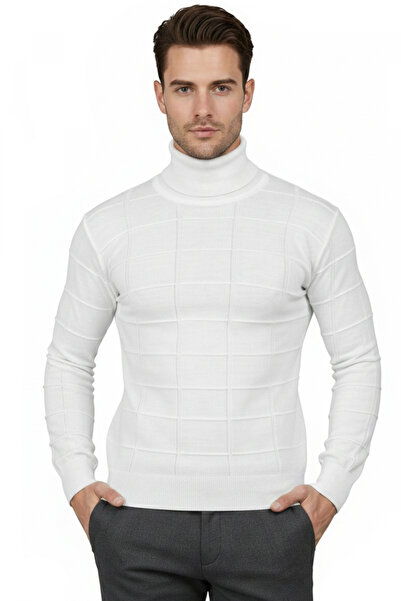 DeepSEA Pulover pentru bărbați, alb, cu model pătrat, cu gât țesut, slim fit,...