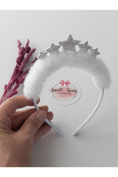 Sweet twins accessories Coroana de prințesă, coroană albă cu stele, din pluș,...