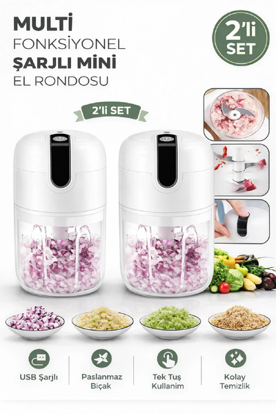 Berdina Home 2'li Şarjlı Mini El Rondosu Çelik 3 Bıçaklı 250 Ml Mutfak Robotu...