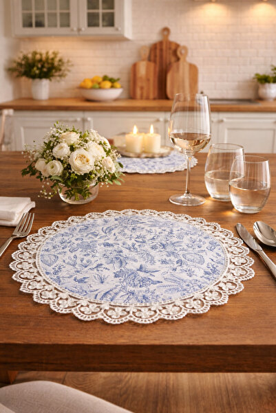 Rona Home طقم سوبرا وأمريكان سيرفيس فاخر منقوش باللونين الأزرق والأبيض لـ 6 أ...