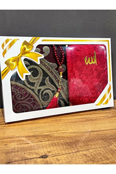 AYHANHOME Hediyelik Bohçalık Tafta Saçaklı Bordo Seccade, Yasin, Tesbih Seti