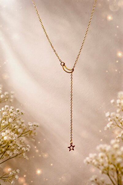 Elifin ışığı Minimal Ay Yıldız Detaylı Şık Gold Kadın Kolye