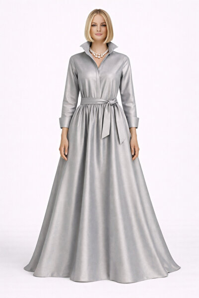 MERT ERKAN فستان قميص أنيق من التفتا مع حزام وتنورة دائرية كاملة مع أزرار مخفية