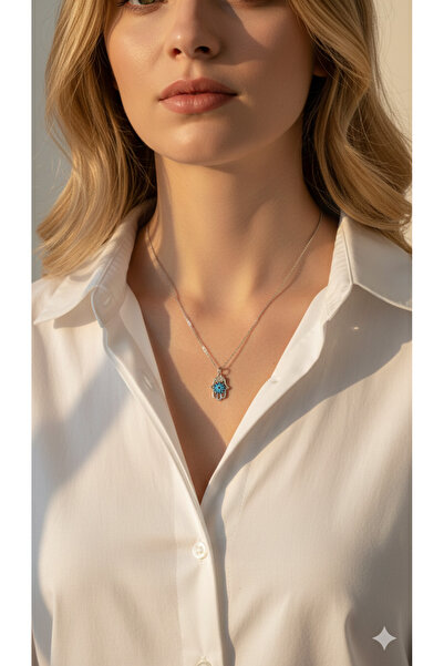 TrendimAksesuar Gümüş Renginde Fatma Ana Eli Çelik Kolye