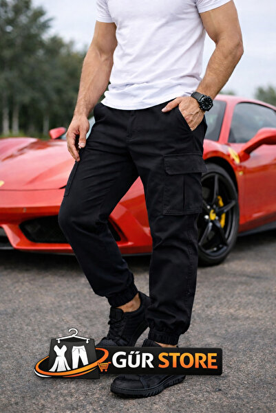 Gür Kargo Cepli Erkek Siyah Pantolon Bel Lastik Paça Lastik Likralı