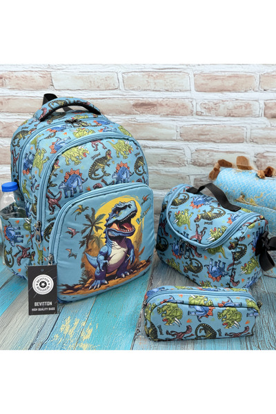 Bevitton Elementary School Bag Dinosaur Patterned 3-Piece Set Boys' Primary S...
