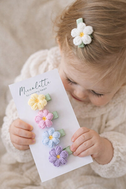 Miccolatte Bebek Örgü Papatya Tokası 5’li – Mini Klipsli Doğal Bebek Saç Akse...