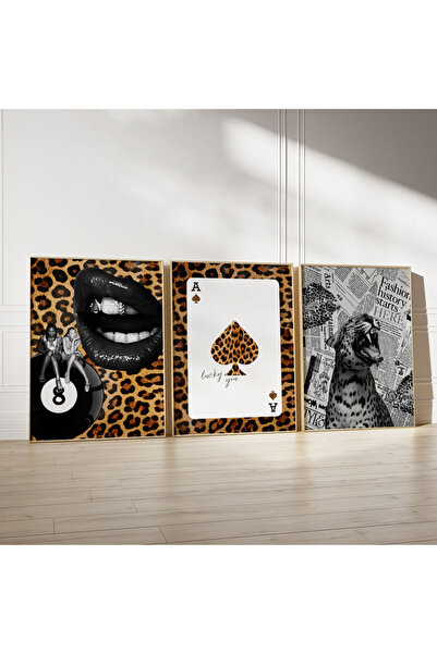 POSTER ÇERÇEVESİZ Leopar,iskambil şans, 3'lü Trend siyah ve beyaz Tablo, Moda...