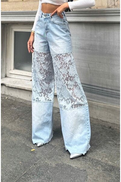 Butik Lace Design Jeans Pants Lycra Free Palazzo Comfortable Fit High Waist