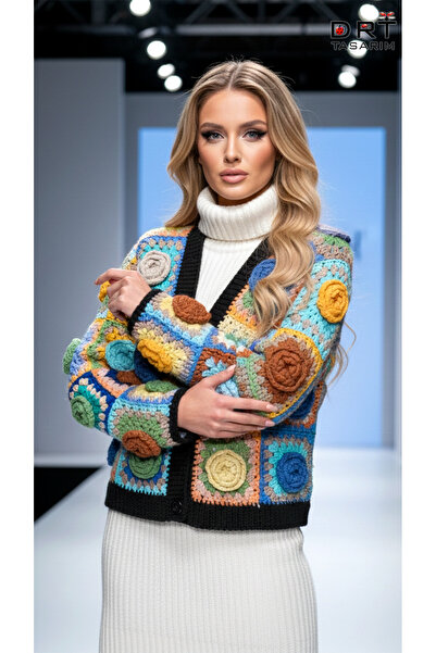 drt tasarım 3D Rose Motif Crop Cardigan