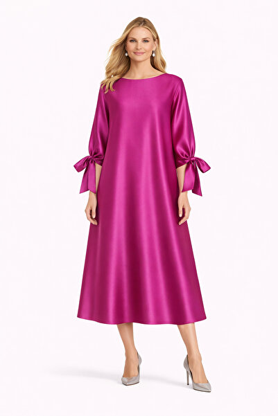 MERT ERKAN Oversized Midi Stylish Satin Dress with Sleeve Mouth Tie Detail