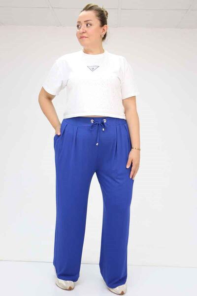 Eslina 59002 Large Size Pleated Detail Combed Cotton Trousers - Indigo