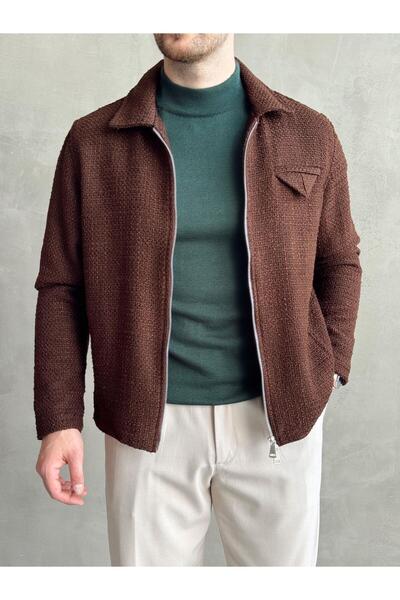 HAVANO Erkek Kahverengi Kısa Dokulu Kaşe Ceket Regular Fit Fermuarlı Kışlık Mont