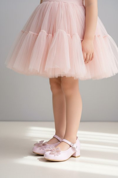 pediashoes KIZ ÇOCUK PEMBE RENK MİNİK TOPUKLU SÜSLÜ FİYONKLU ŞIK ABİYE AYAKKABI
