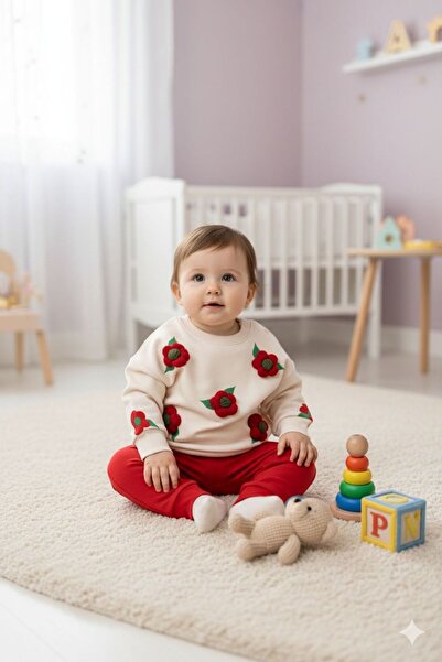 yukobaby bebeğiniz için en doğalı Baby Girl Embossed Floral Red Top and Botto...