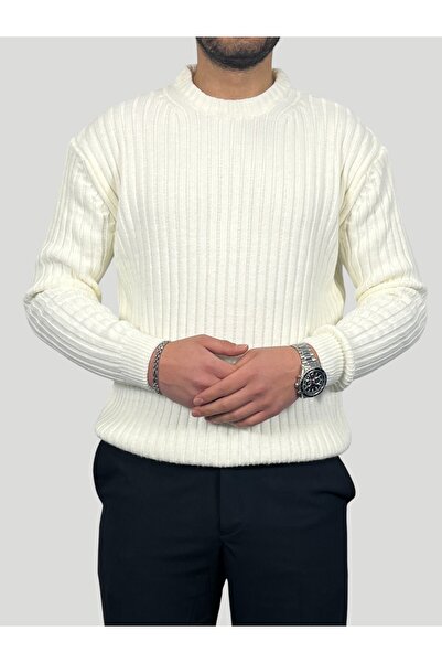 HAVANO Men's Cream Regular Fit Crew Neck Corded Fabric Knitwear Sweater