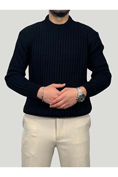 HAVANO Men's Black Regular Fit Crew Neck Corded Fabric Knitwear Sweater
