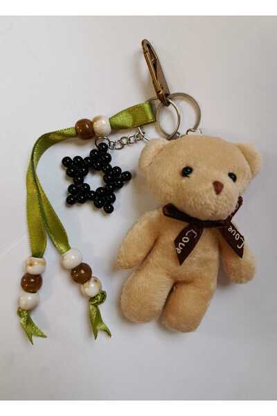 chibi سلسلة مفاتيح بتصميم دمية دب لطيفة باللون البيج ونجمة الحظ السوداء، إكسس...