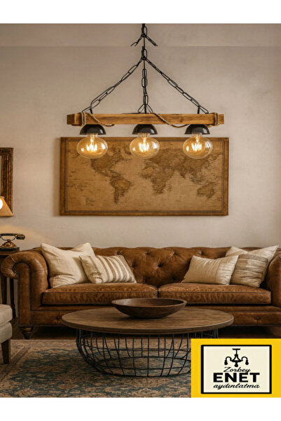 HÜMA Tasarım 3'lü Rustik Nigrum Halatlı Ahşap Avize