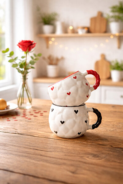 Kotium Ceramics 2’li Kalpli Sevgili Kupa SEVGİLİLER GÜNÜ Özel Dokulu Tamamıyl...