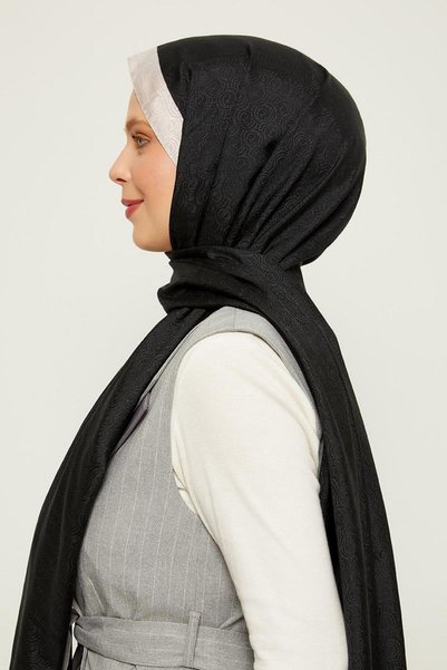 Levidor Siyah - Bej Halka Desen Monogram Şal
